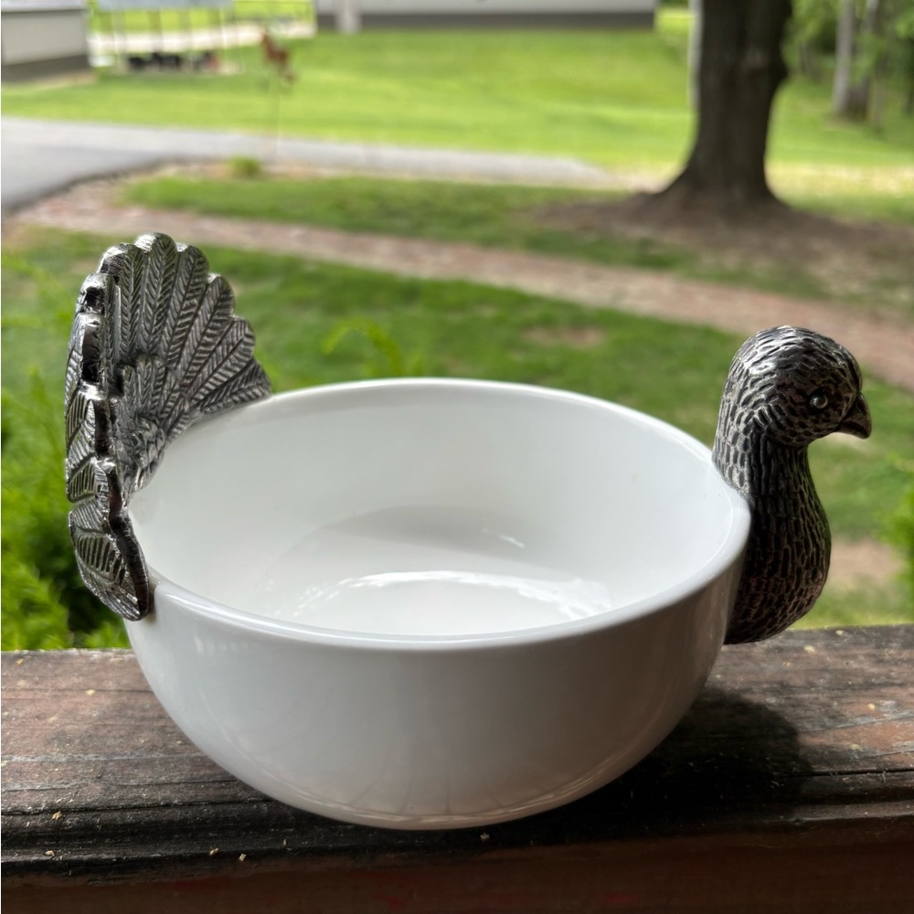 Pier 1 White Ceramic Bowl with Silver Turkey Handles